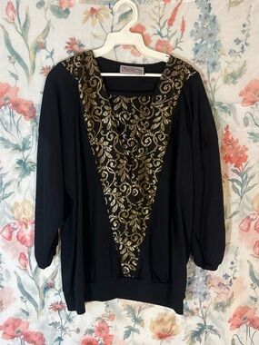 Vintage Black Top with Gold Embellished V-Neck
